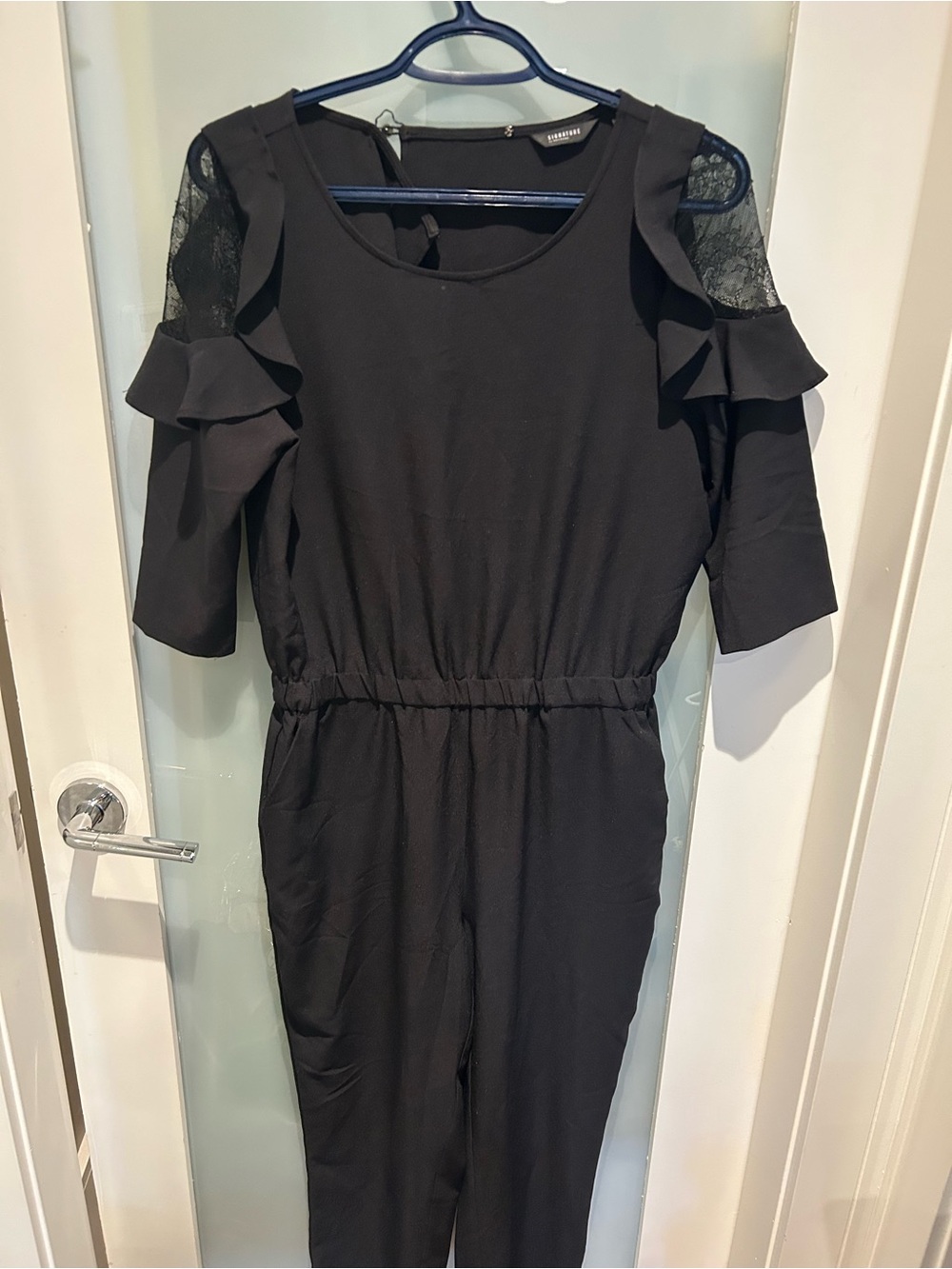 Reitmans Black Cold-Shoulder Ruffle Jumpsuit truly stunning